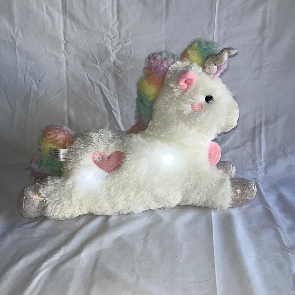 FAO Schwarz LED Light Up Unicorn Plush White Rainbow Mane Silver Horn Heart 12in